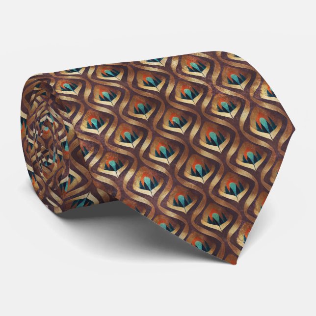 Art Deco Teal & Gold Geometric Pattern (8) Neck Tie (Rolled)