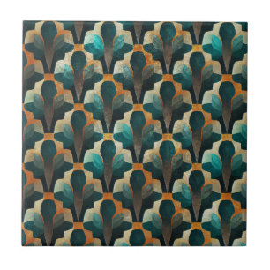 Art Deco Teal & Gold Geometric Pattern Ceramic Tile