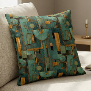 Art Deco Teal Gold Geometric Pattern Throw Pillow