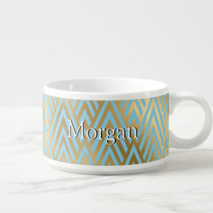 Art Deco Teal & Gold, Monogram & Name, White Text  Bowl