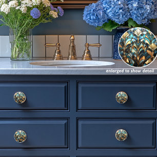 Art Deco Teal Gold Rust Blue Art Nouveau Ceramic Knob