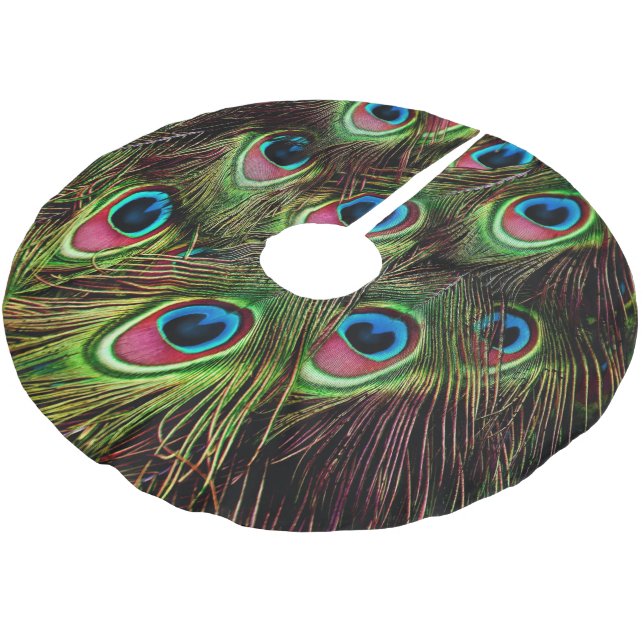 art deco teal green turquoise peacock feather brushed polyester tree skirt (Angled)