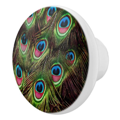 art deco teal green turquoise peacock feather ceramic knob