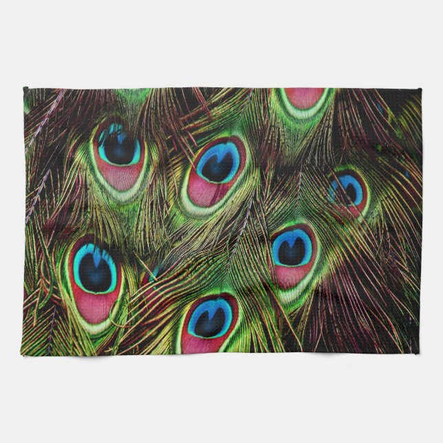 art deco teal green turquoise peacock feather kitchen towel (Horizontal)