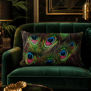 art deco teal green turquoise peacock feather lumbar pillow