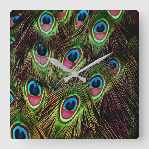 art deco teal green turquoise peacock feather square wall clock