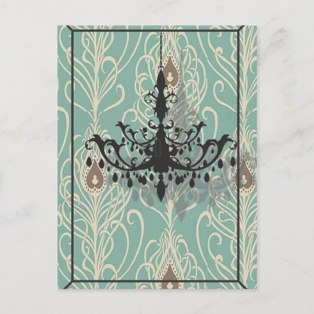 art deco teal peacock vintage black chandelier postcard (Front)
