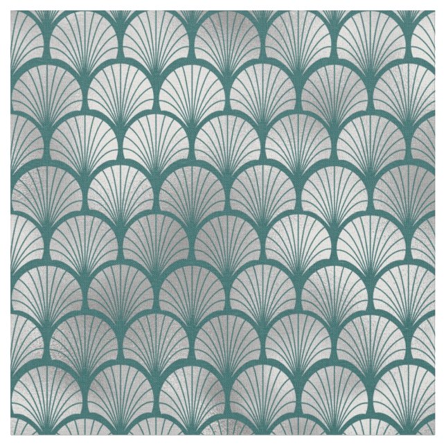 Art Deco Teal Silver Fish Scales Fan Fabric (Close Up)