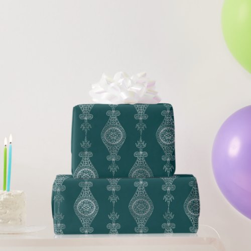 Art Deco Teal Silver Floral Wrapping Paper