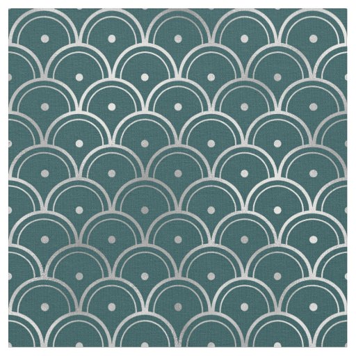 Art Deco Teal Silver Scales Dots Fabric