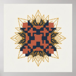 Art Deco Terracotta Navy Geometric Starburst Art Poster