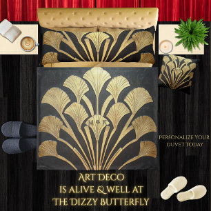 Art Deco Textured Black and Gold Sunburst Fan King Duvet Cover