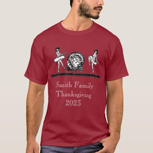 Art Deco Thanksgiving Turkey Dancing Girls T-Shirt (Front)