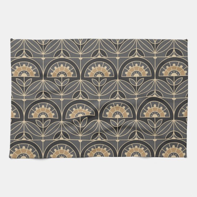 Art Deco Tile Floral (gray and sand) Kitchen Towel (Horizontal)