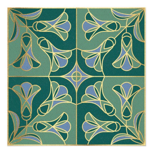 Art Deco Tile Floral Green Blue and Gold Photo Print