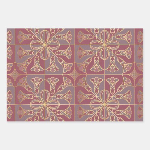Art Deco Tile Floral Mauve and Gold Wrapping Paper Sheets