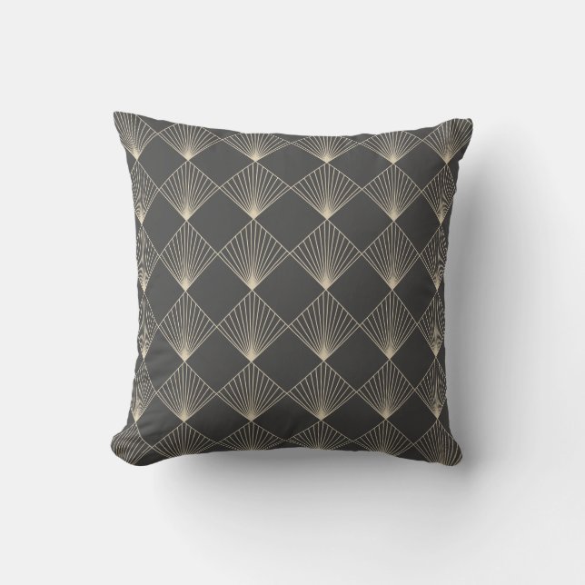 Art Deco Tile Line Art Pattern in Black and Gold Throw Pillow (Front)