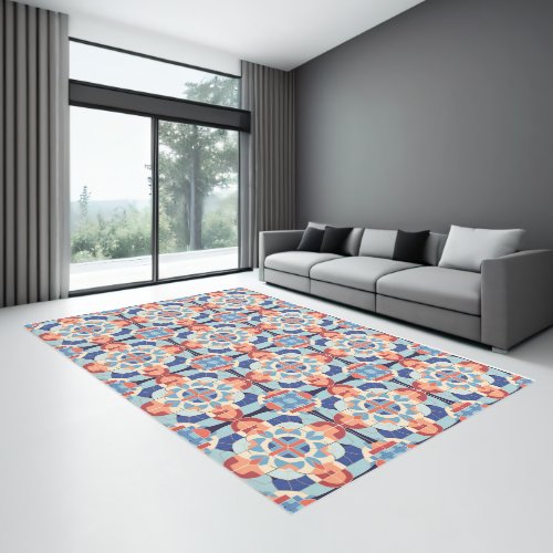 Art Deco Tiled Design Pattern Blue Orange Modern  Rug