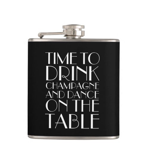 Art Deco Time to Drink Champagne Black  White Hip Flask