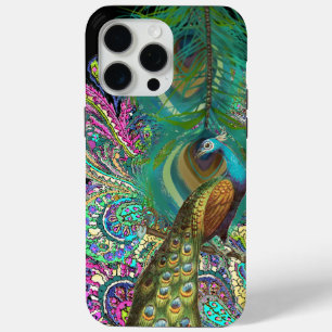 Art Deco Trendy Peacock Pink Aqua Purple Gold iPhone 15 Pro Max Case