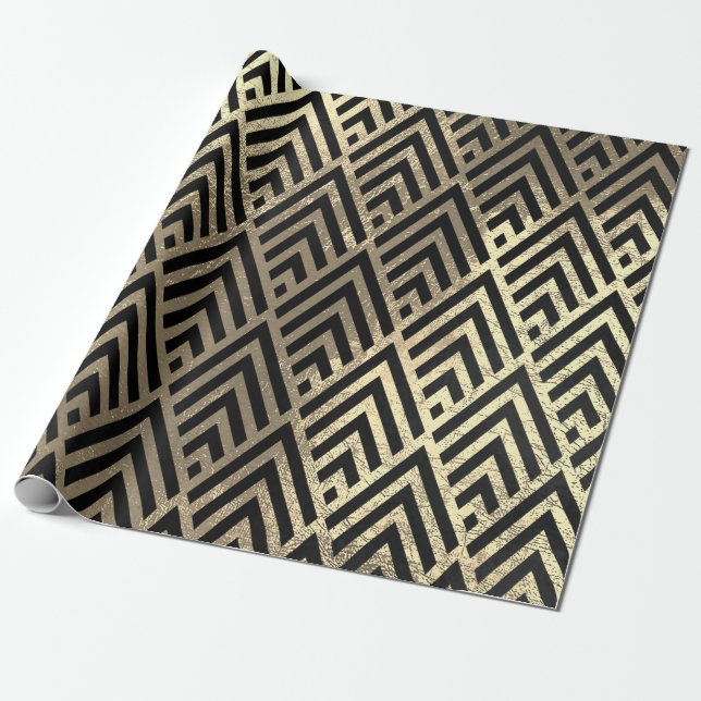 Art Deco Triangle Diamond Black Faux Gold Geometry Wrapping Paper (Unrolled)