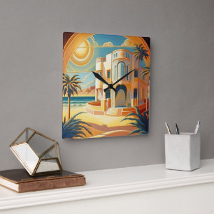 Art Deco Tropical Beach Architecture Retro Vintage Square Wall Clock