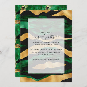 Art Deco Tropical Green and Gold Tiger Graduation Invitation