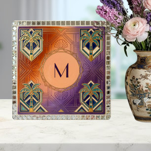 Art Deco Tropical Orange Palm Tree Monogram Ceramic Tile