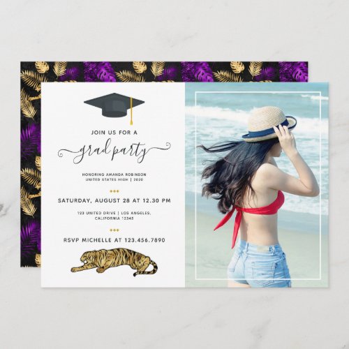 Art Deco Tropical Purple and Gold Tiger Photo Invitation