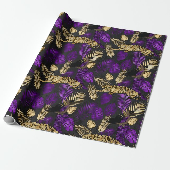 Art Deco Tropical Purple and Gold Tiger Wrapping Paper (Unrolled)