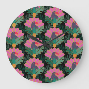 Art Deco Tropical Toucans & Pineapples Large Clock