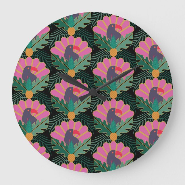 Art Deco Tropical Toucans & Pineapples Large Clock (Front)
