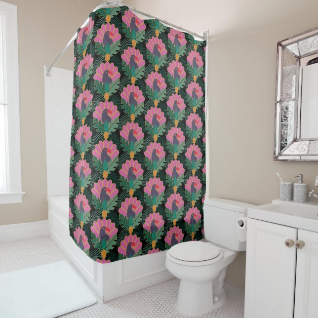 Art Deco Tropical Toucans & Pineapples Shower Curtain (In Situ)