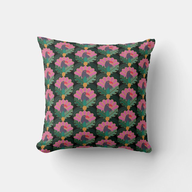 Art Deco Tropical Toucans & Pineapples Throw Pillow (Front)