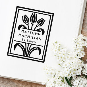 Art Deco Tulips name Ex libris library book plate Rubber Stamp