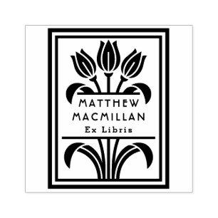 Art Deco Tulips name Ex libris library book plate Rubber Stamp
