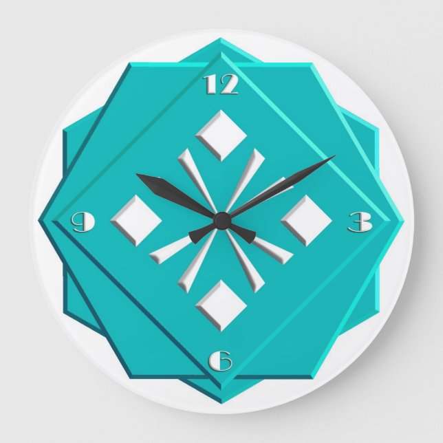 Art Deco turquoise blue geomettric pattern Large Clock (Front)