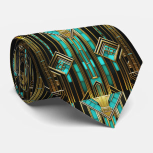 Art Deco Turquoise Gold Black Geometric Neck Tie