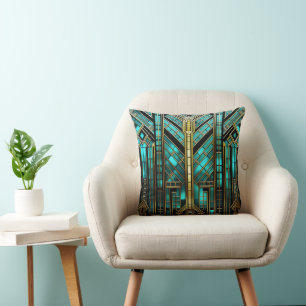 Art Deco Turquoise Gold Black Geometric Throw Pillow