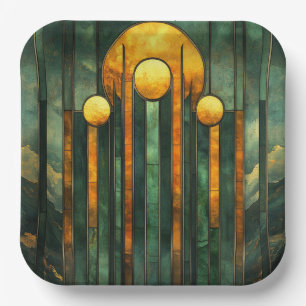 Art Deco Turquoise Green Gold Sun Paper Plates