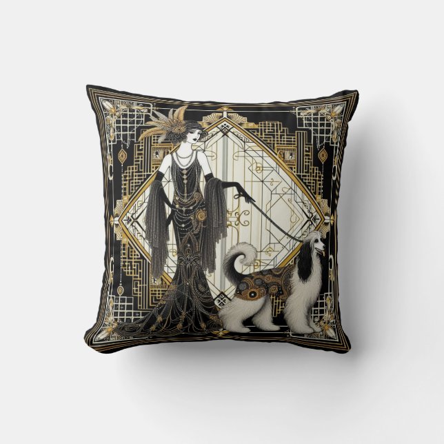 Art Deco Twenties Elegant Lady & Dog Throw Pillow (Front)