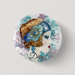 Art Deco Twenties Fashion Diva Watercolor Art Button