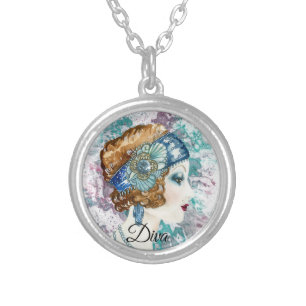 Art Deco Twenties Fashion Diva Watercolor Art Silver Plated Necklace