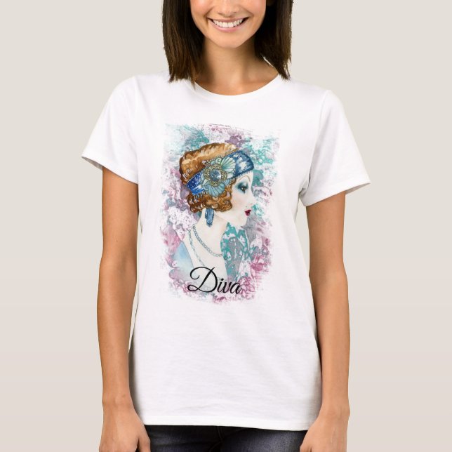 Art Deco Twenties Fashion Diva Watercolor Art T-Shirt (Front)