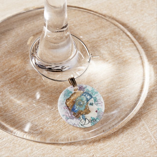 Art Deco Twenties Fashion Diva Watercolor Art Wine Charm (In Situ)