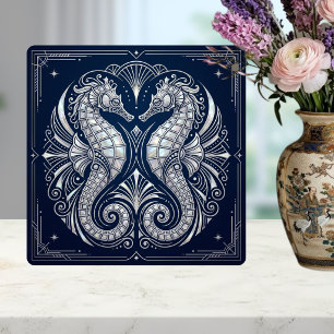 Art Deco Two Seahorses Mother of Pearl Blue Ceramic Tile