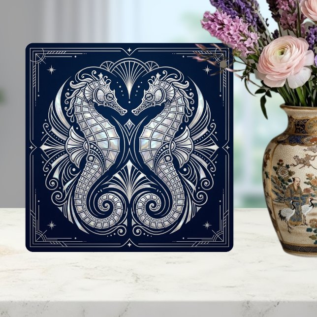 Art Deco Two Seahorses Mother of Pearl Blue Ceramic Tile (Creator Uploaded)