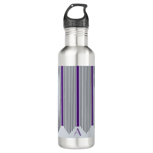 Art Deco Vertical Lines Purple  Black Monogram Stainless Steel Water Bottle