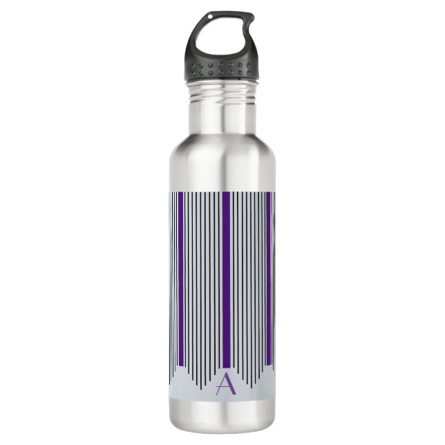 Art Deco Vertical Lines, Purple & Black, Monogram Stainless Steel Water Bottle (Front)
