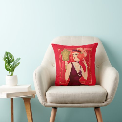 Art Deco Vintage 1920s Girl Gold Frame Red Throw Pillow